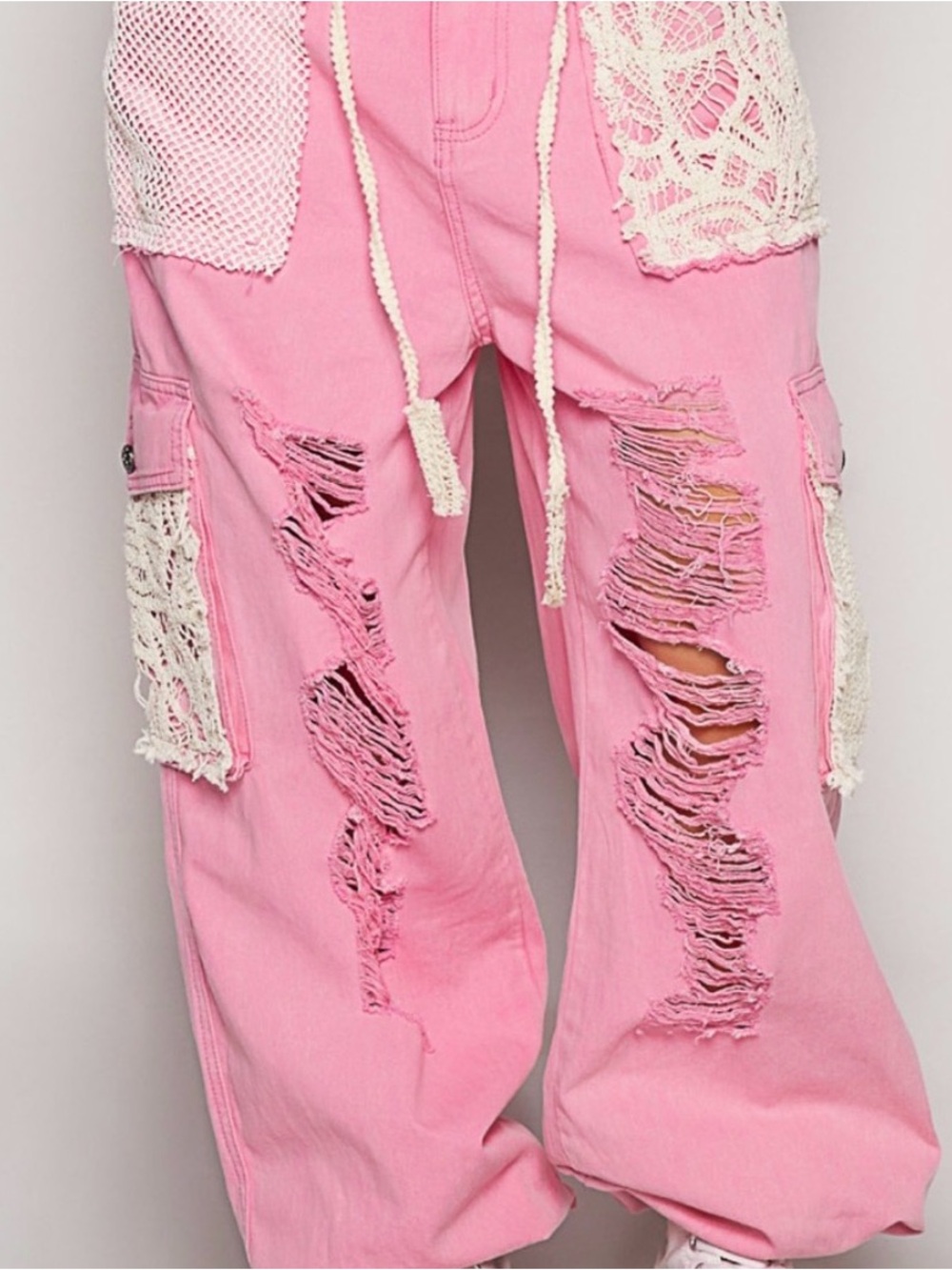 #1379 POL Pink Distressed Cargo Track Pants with Crochet Pockets - Picture 12 of 14